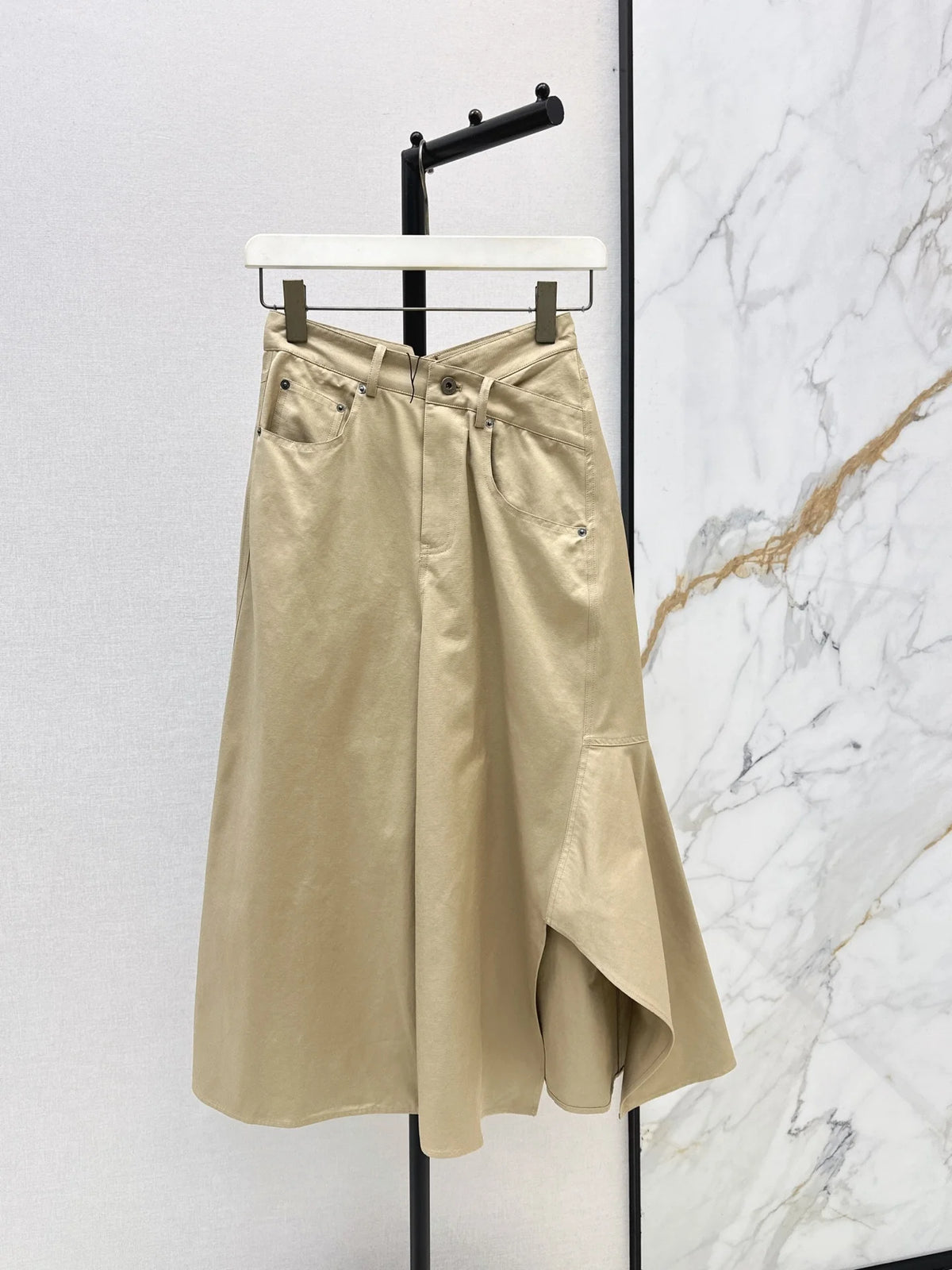 2026 Women Two Piece Set High Collar Leather Patch Zip Up Jacket High Waist Irregular Midi Skirt