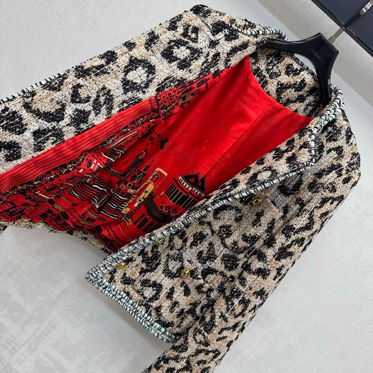2026 Women Tweed Two Piece Set Leopard Wool Blend Trim Jacket High Waist A‑Line Midi Skirt Carved Buttons