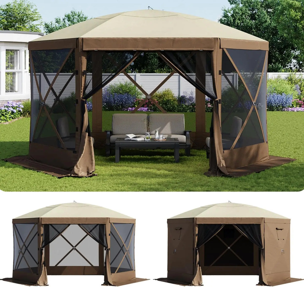 Aoxun 12x12ft Pop Up Canopy Tent 6 Sided Screen Tent With Mesh Windows And Carrying Bag Large Sunshade For Camping Backyard Courtyard Lawn Brown