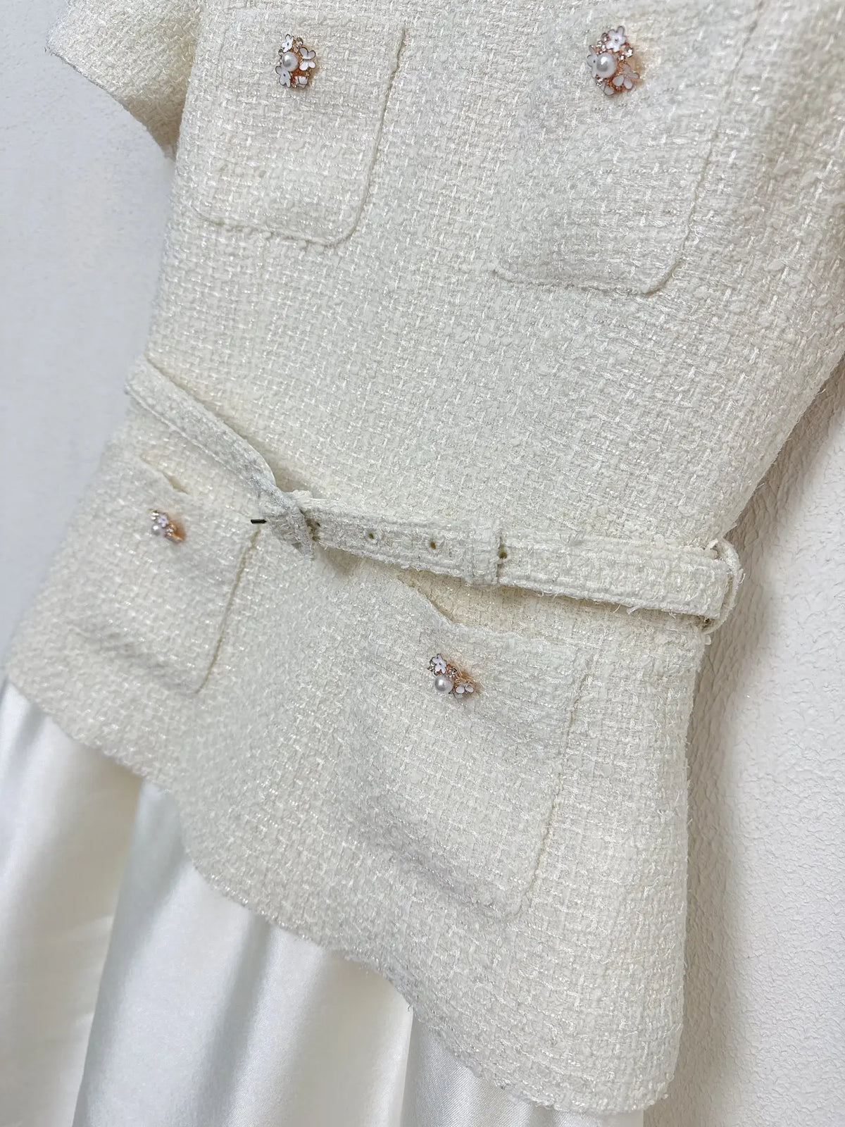 2026 Women Dress Short Sleeve Layered Midi Dress Lace Collar Tweed Bodice Flared Satin Skirt With Matching Waist Belt