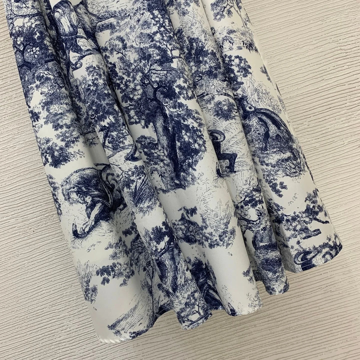 2026 Women Dress Stand Collar Short Sleeve Midi Dress, Vintage Blue Nature Print With Pleated Bust & Slim Belted Flared Hem