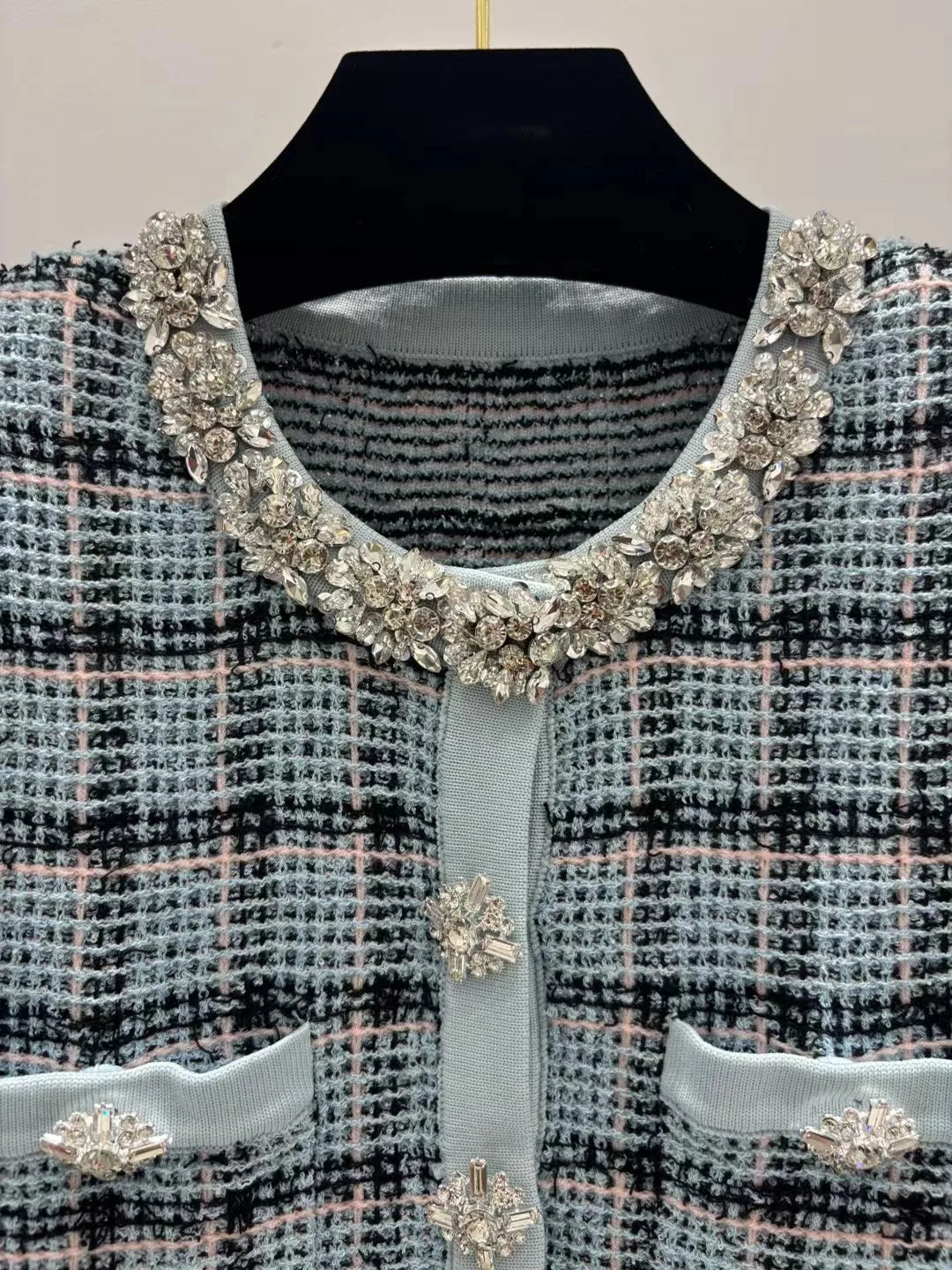 2026 Women Dress Knitted Plaid Beaded Neckline Flower Decor Buttons Multi Patch Pockets Long Sleeve Ruffle Hem