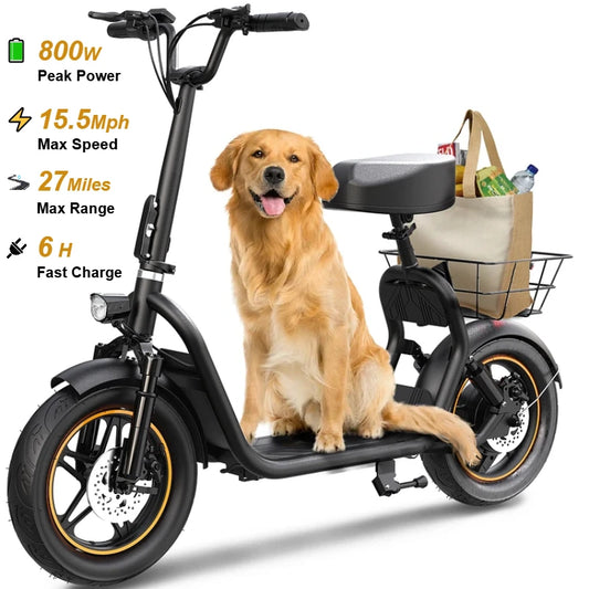 G-CYCLE Electric Scooter With Seat Z14 800W Peak Motor, 27 Miles Range, 15.5 MPH Top Speed, Dual Brakes & Suspension, 14” Tires, LCD Display, Foldable with Seat and Basket