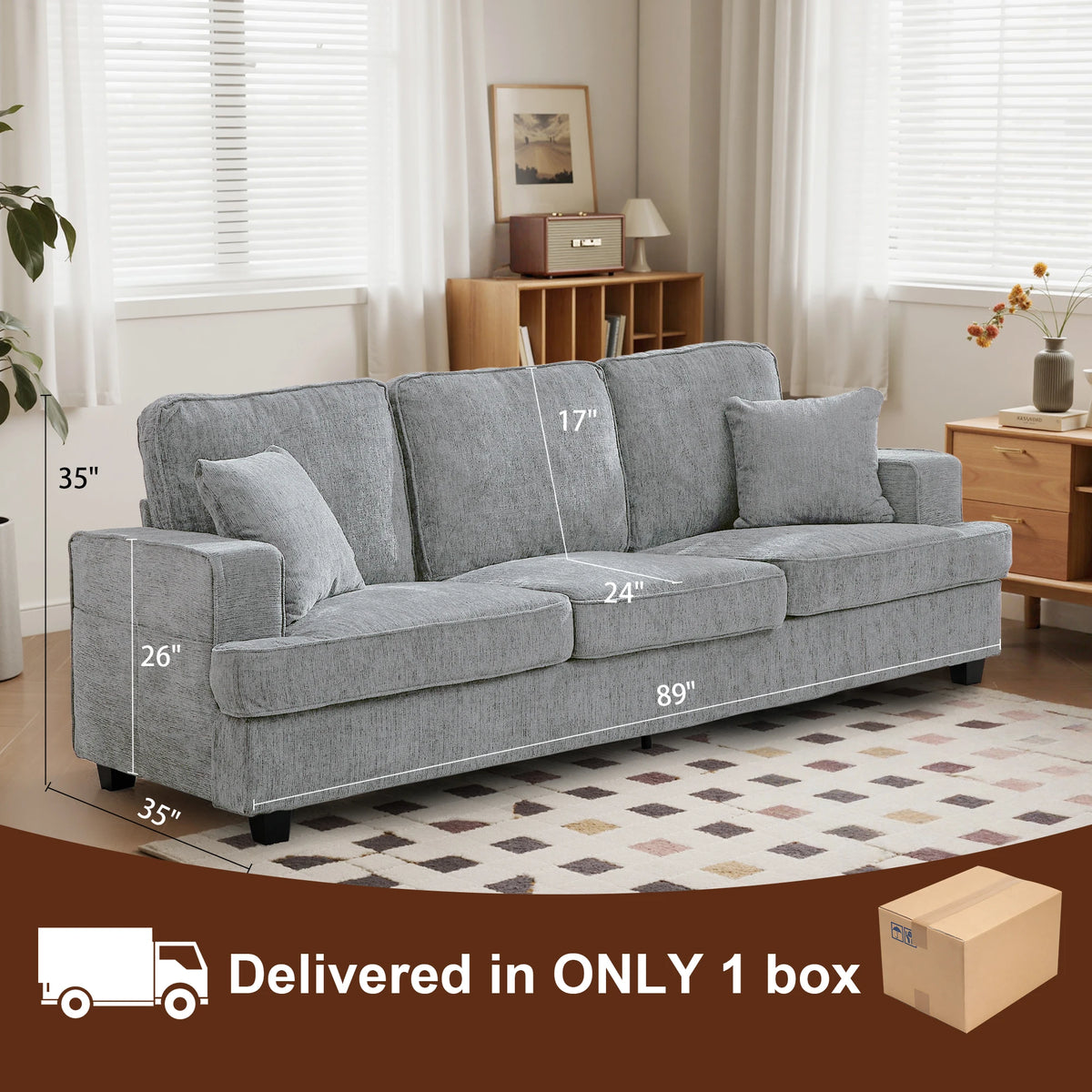 Couches for Living Room, 89 inch Cloud Couch Sofa in Chenile with Extra Comfy Soft Seats, Modern 3 Seater Sofas for Bedroom