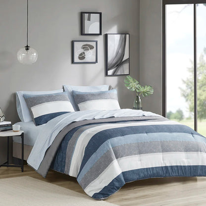 Stripe Comforter Set with Bed Sheets Blue/Grey Queen (Blue+Grey + Polyester)