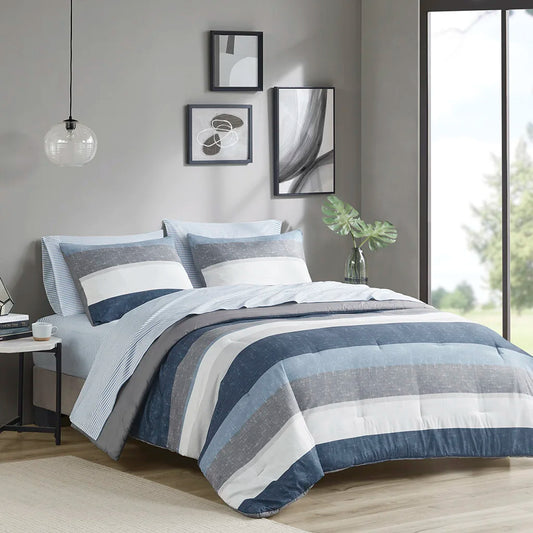 Stripe Comforter Set with Bed Sheets Blue/Grey Queen (Blue+Grey + Polyester)