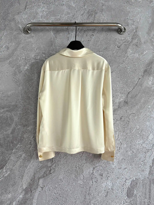 High Quality Autumn Winter Women's Casual Fashion Solid Pocket Buttons Letters 100%Silk Blouse J011Q