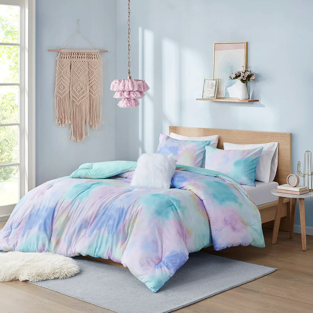 Twin/Twin XL Watercolor Tie Dye Printed Comforter Set with Throw Pillow (Aqua + Polyester + Twin)