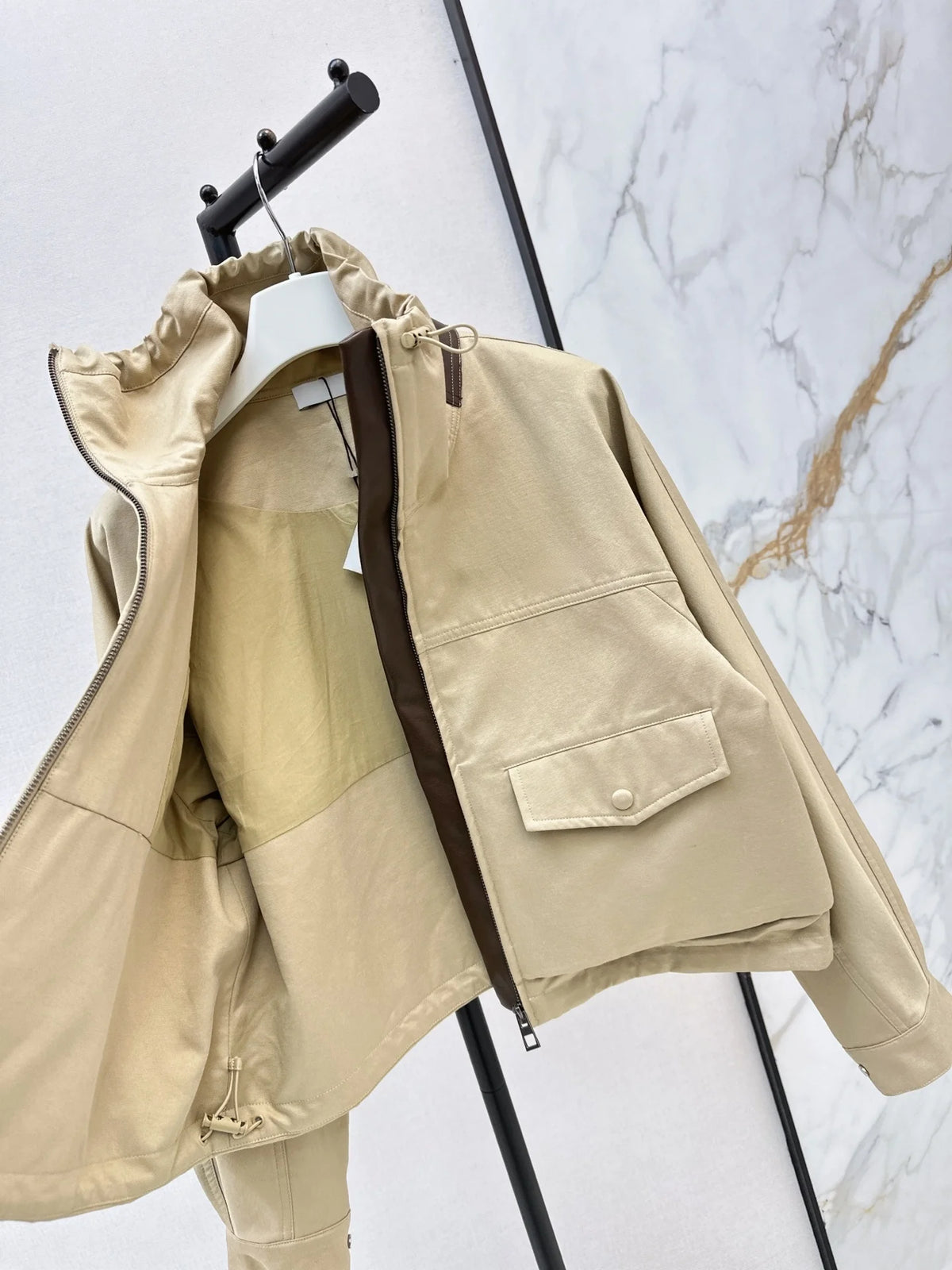 2026 Women Two Piece Set High Collar Leather Patch Zip Up Jacket High Waist Irregular Midi Skirt