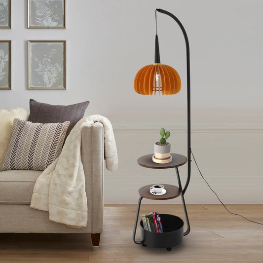 Vintage Floor Lamp with Storage, 3-Color Dimmable, 110V US Plug, Pumpkin Shade, Wood Tray, Christmas, New Arrival, Big Sale