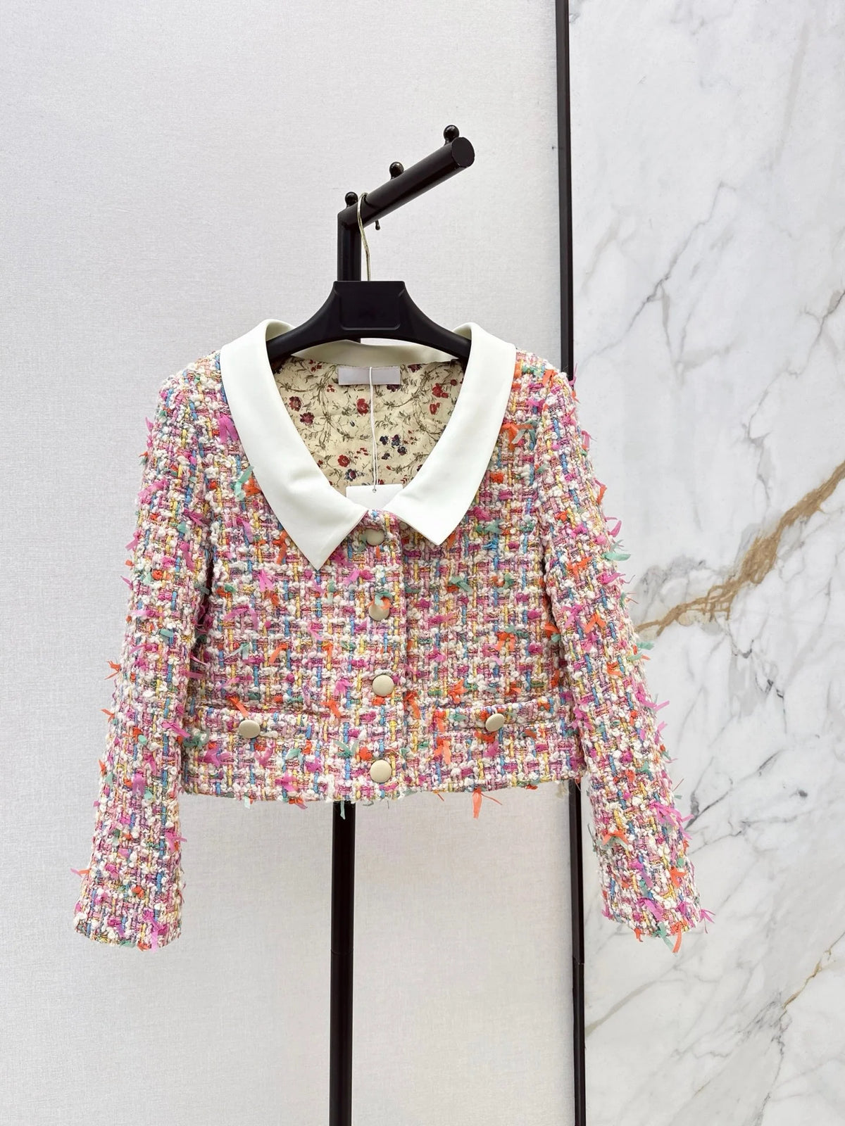 2026 Women Tweed Two Piece Set Contrast Doll Collar Wool Blend Fabric Multi Yarn Woven Cropped Jacket A Line Skirt Outfit