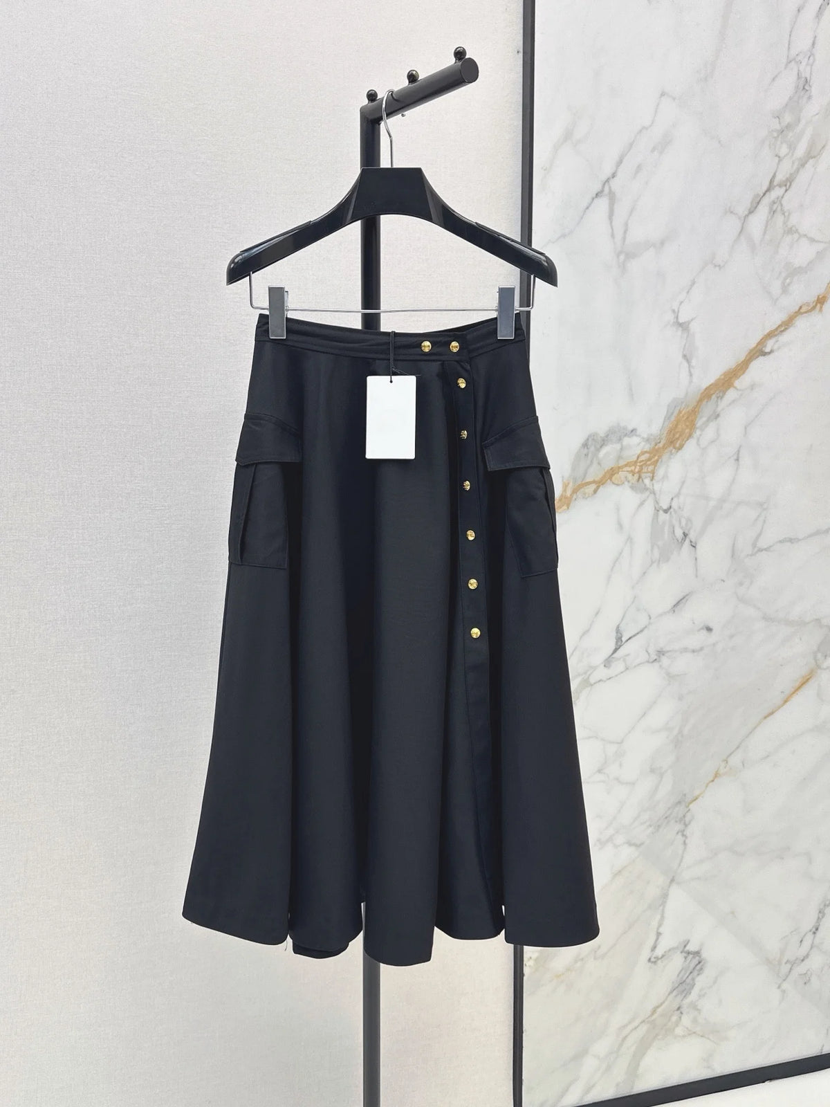2026 Women Skirt High‑Waist A‑Line Midi Skirt Cargo‑Style Side Patch Pockets Side Single Row Metal Buttons Full Flare Swing H