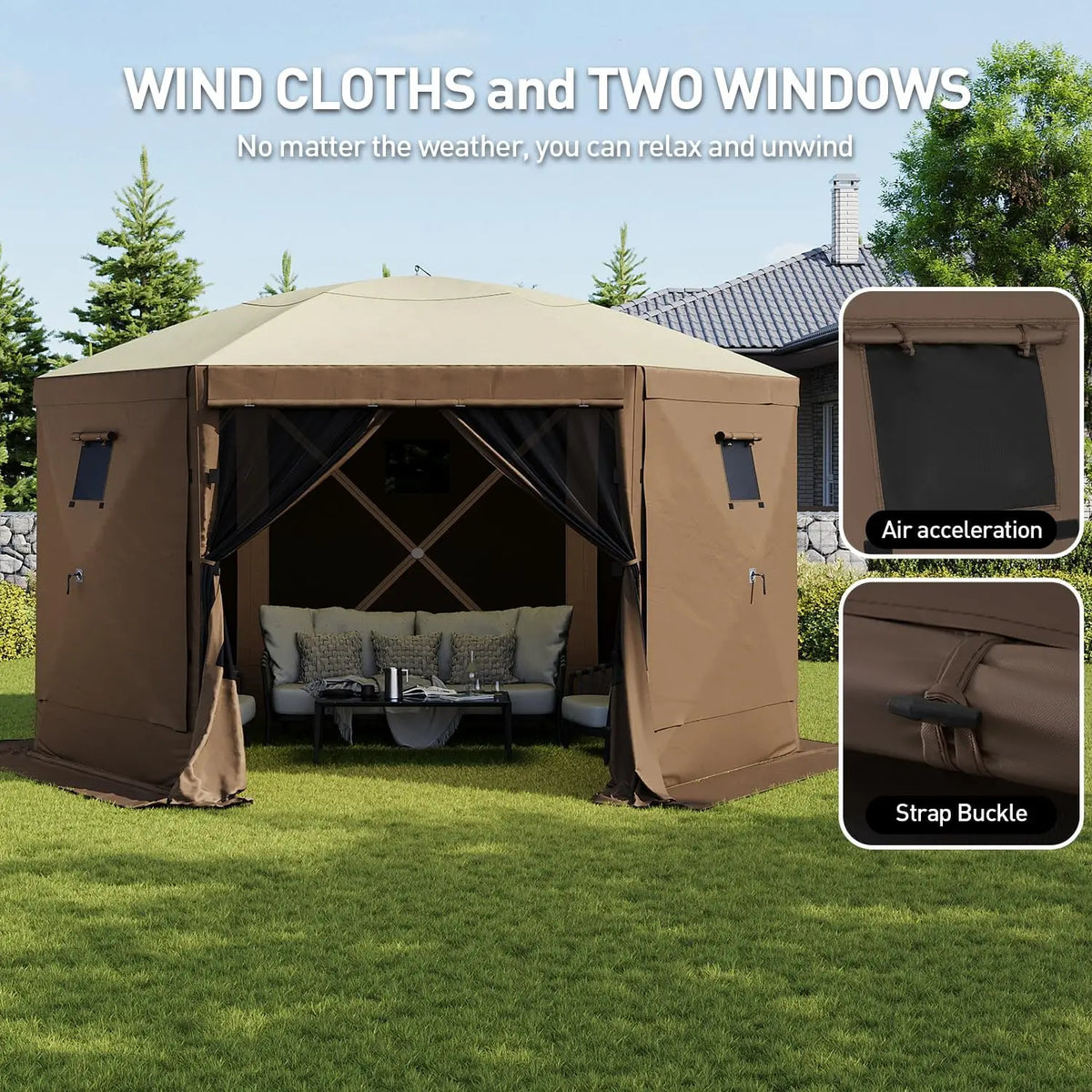 Aoxun 12x12ft Pop Up Canopy Tent 6 Sided Screen Tent With Mesh Windows And Carrying Bag Large Sunshade For Camping Backyard Courtyard Lawn Brown