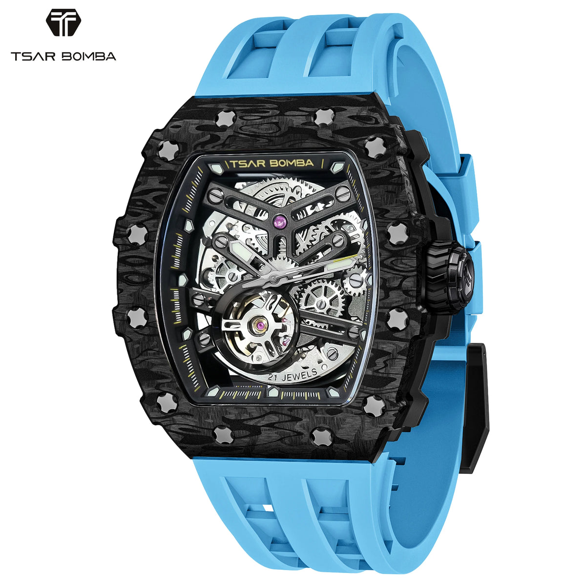 TSAR BOMBA Men's Automatic Mechanical Watch  Tonneau Shaped Skeleton Wristwatch 50M Water Resistance Sapphire Crystal Gift