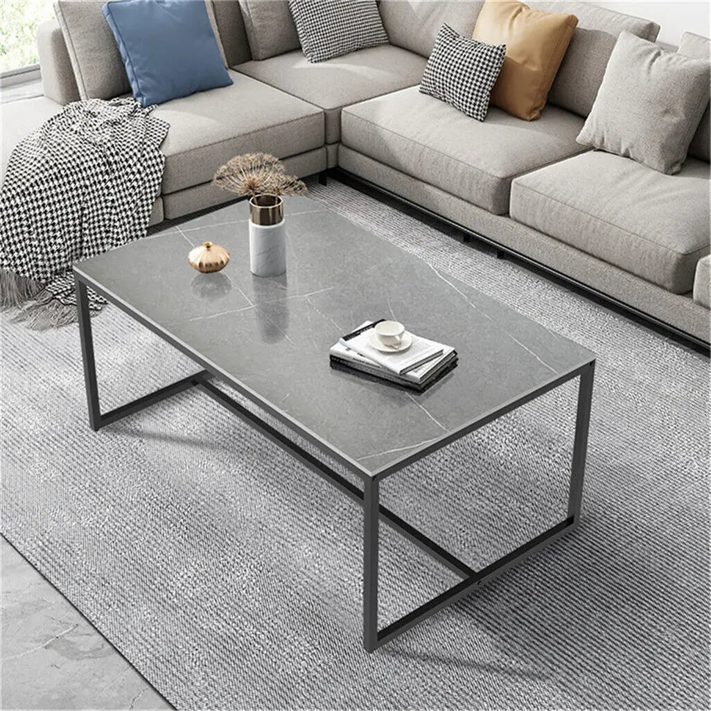 LUVODI Rectangular Coffee Table 100x60cm Sintered Stone Top Black Metal Frame Modern Center Table for Living Room
