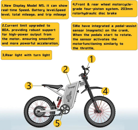 Freego X2 Electric Motorcycle for Adults 6000W Motor 50MPH Off Road Electric Bicycle 1800wh Battery 7 Speed Electric Dirt Bike