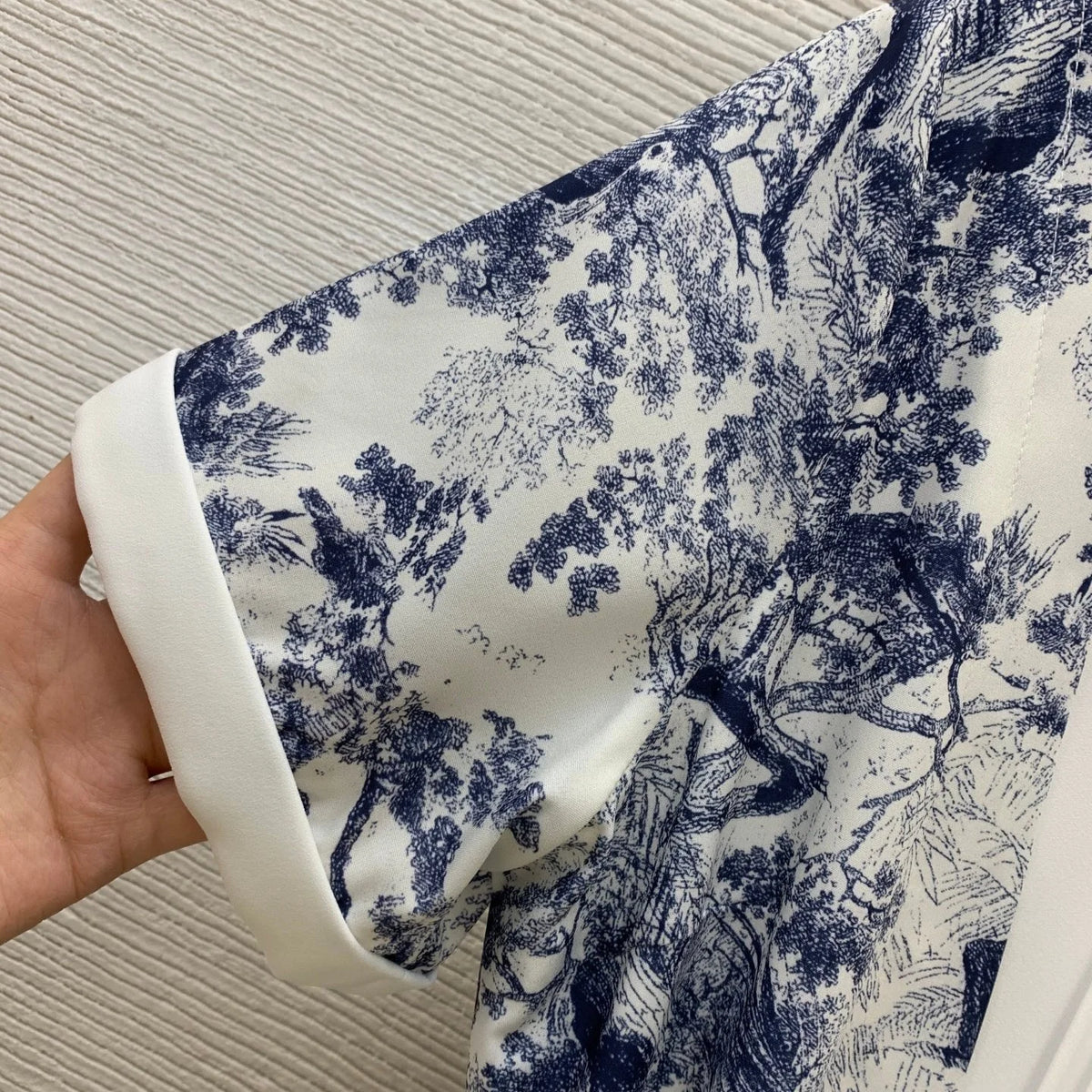 2026 Women Dress Stand Collar Short Sleeve Midi Dress, Vintage Blue Nature Print With Pleated Bust & Slim Belted Flared Hem