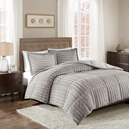 King/Cal King Faux Fur Comforter Mini Set (Grey + Polyester + King)'
