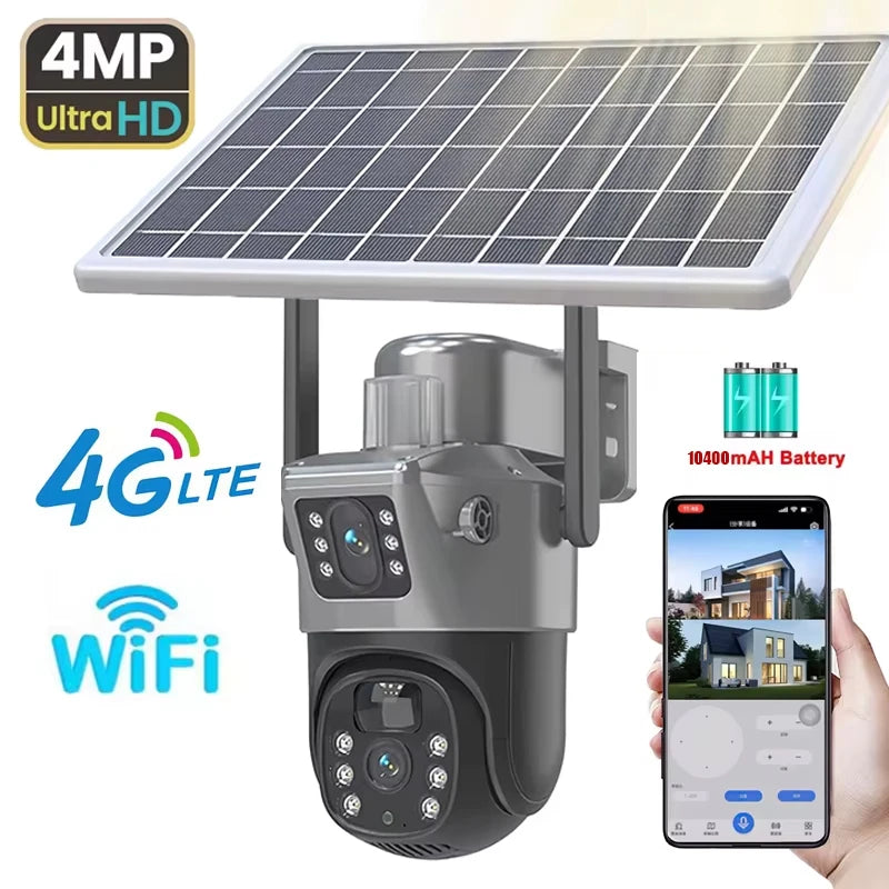 4MP 4G Wireless PTZ Solar Camera Dual Lens Dual Screen Outdoor IP Camera Solar Panel Audio PIR Security Surveillance Camera