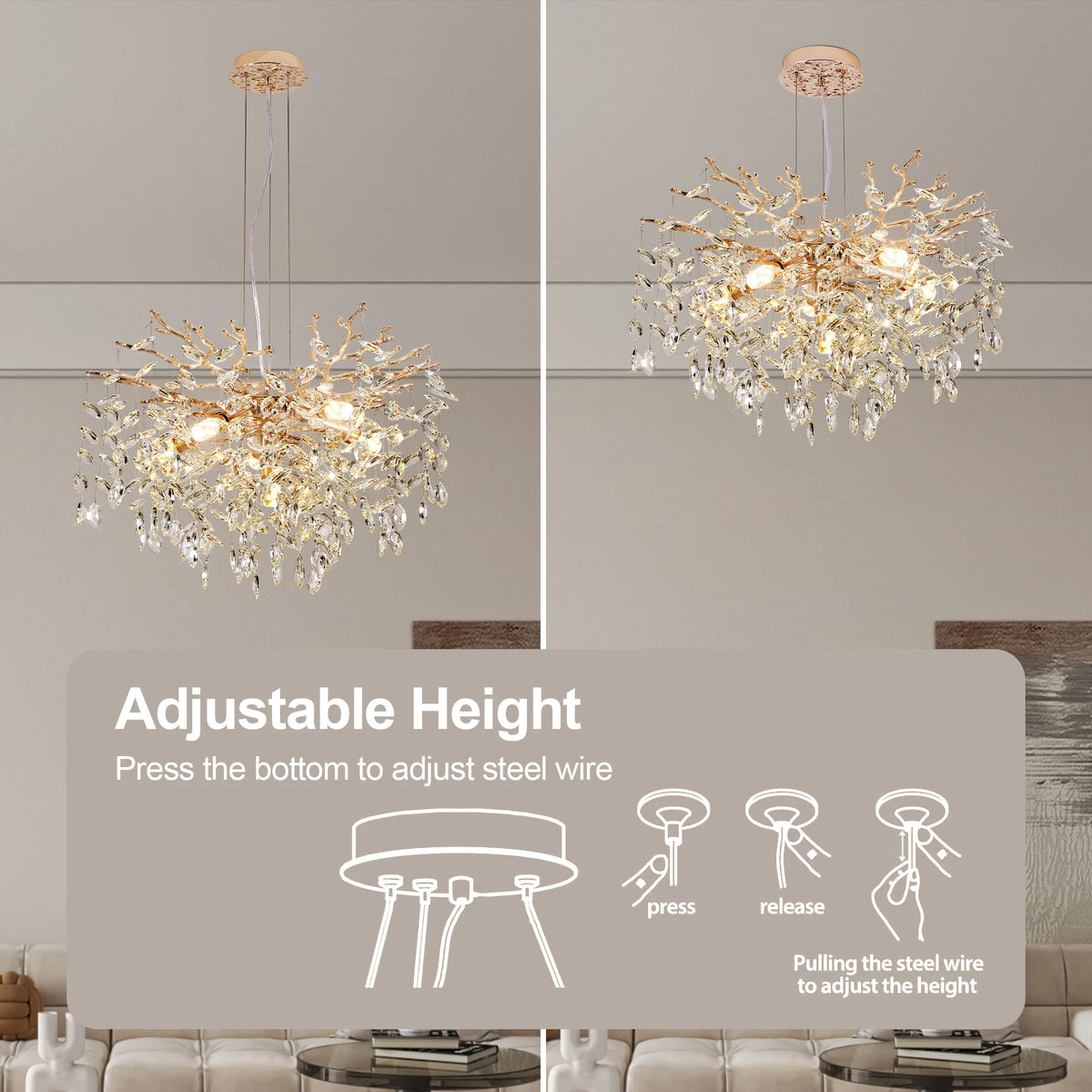 ARLGSITE Gold Crystal Tree Chandelier 24 in Modern Luxury 6-Light Pendant Kitchen Fixture