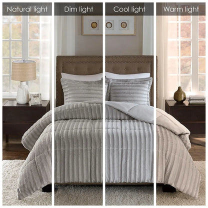 King/Cal King Faux Fur Comforter Mini Set (Grey + Polyester + King)'