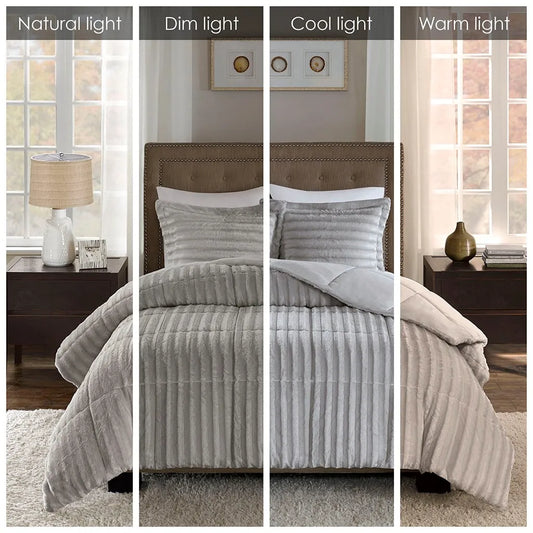 King/Cal King Faux Fur Comforter Mini Set (Grey + Polyester + King)'