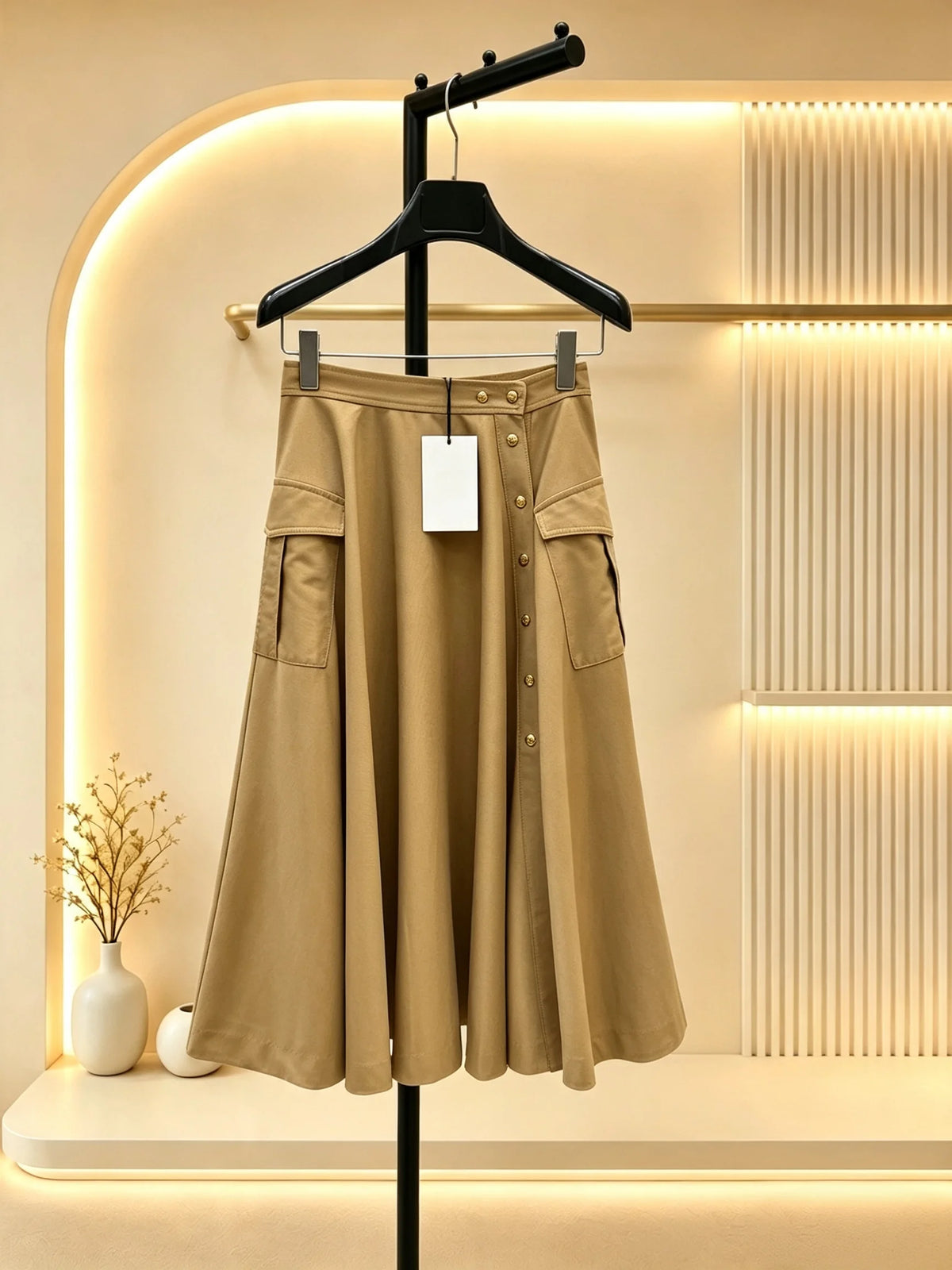 2026 Women Skirt High‑Waist A‑Line Midi Skirt Cargo‑Style Side Patch Pockets Side Single Row Metal Buttons Full Flare Swing H