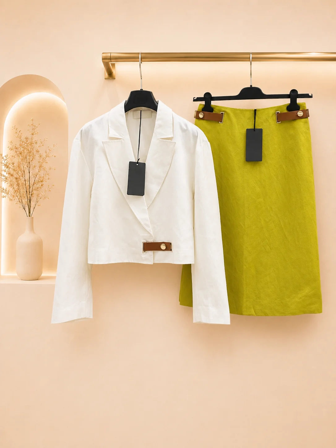 2026 Women Two Piece Set Notch Lapel Leather Metal Button Linen Short Jacket High Waist Caramel Leather Tab Midi Skirt