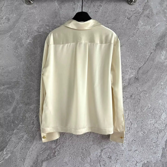 High Quality Autumn Winter Women's Casual Fashion Solid Pocket Buttons Letters 100%Silk Blouse J011Q