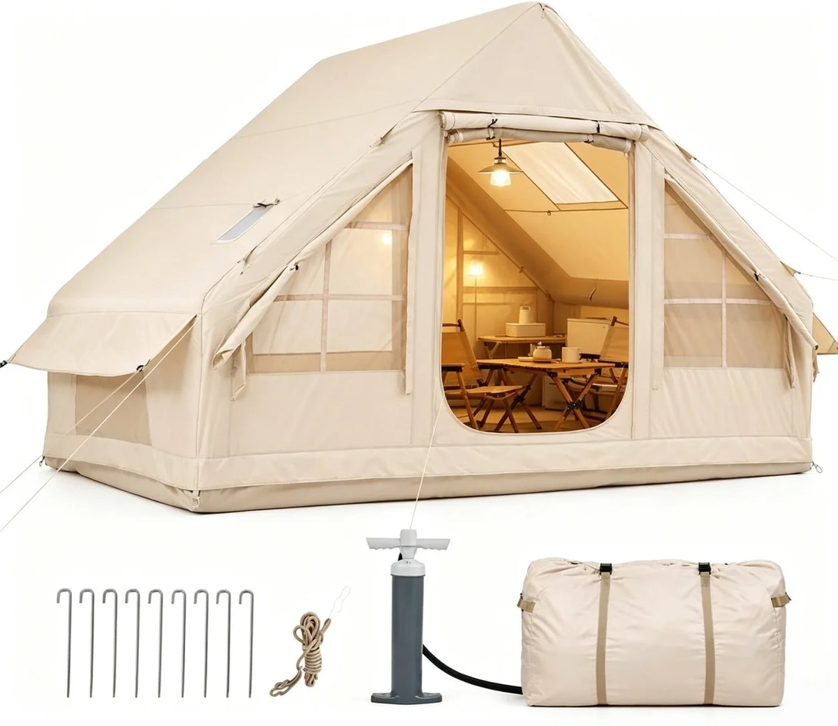 4/6/8 Person Inflatable Tent Blow Up Camping Tent With Skylight And Stove Jack Waterproof 420D Oxford Air Tent With Hand Pump Family Hot Tent Instant Setup