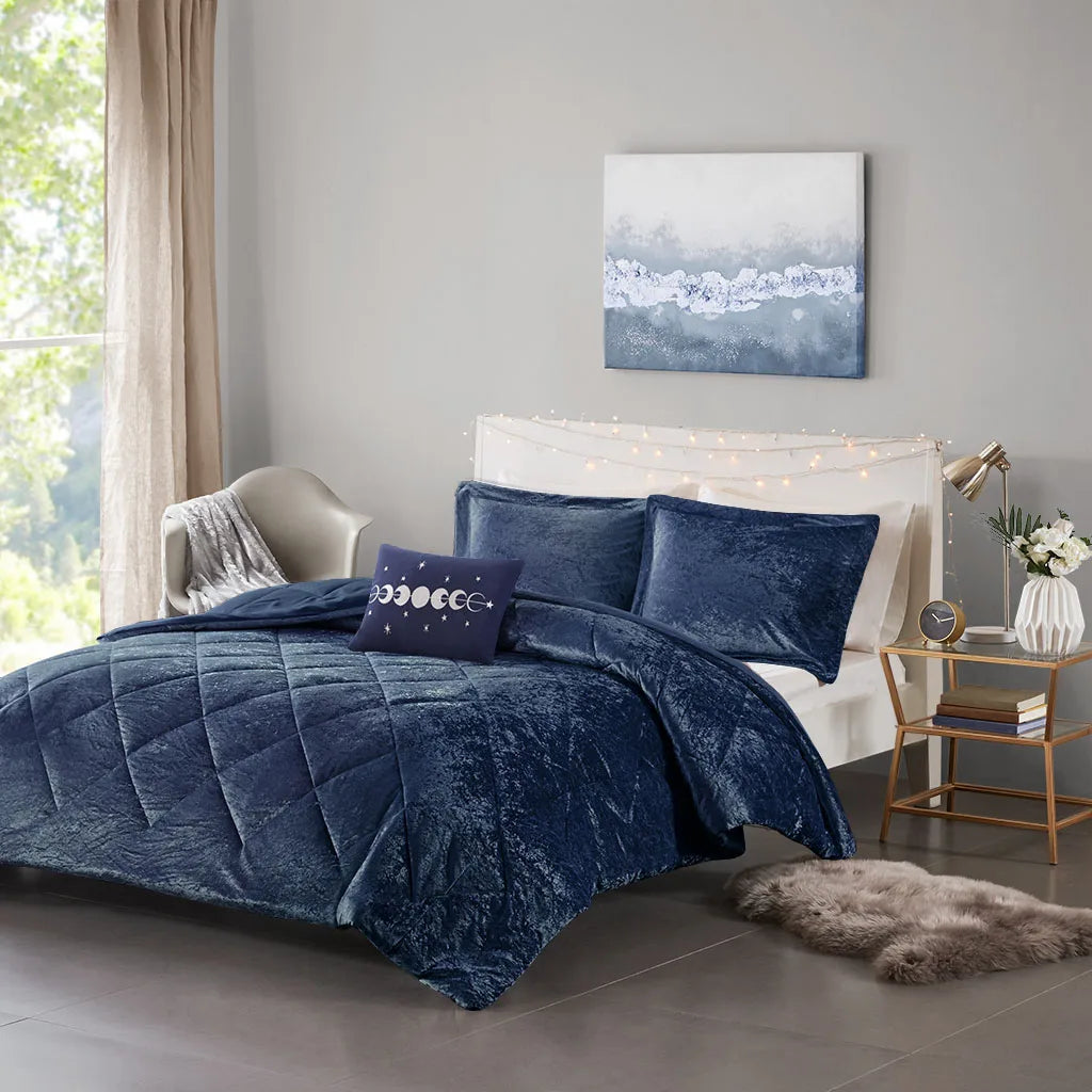 Full/Queen Velvet Comforter Set with Throw Pillow (Navy + Polyester + Full)"