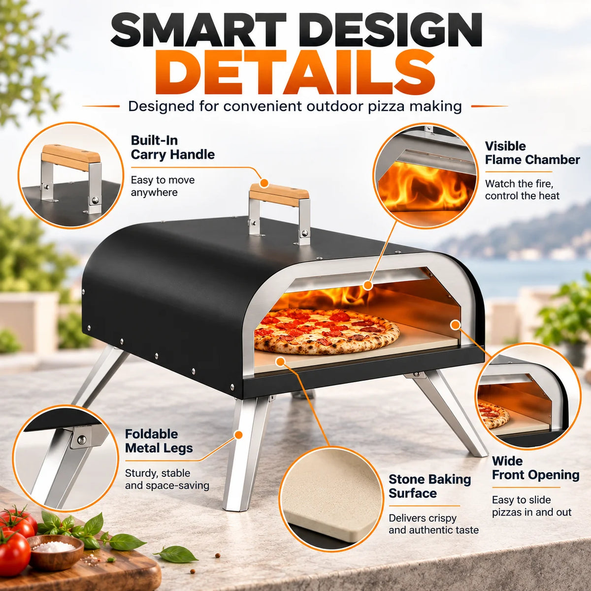 Portable Outdoor Gas Pizza Oven, 12 Inch Propane Pizza Maker with Pizza Stone, High Temperature Stainless Steel Pizza Grill for Backyard Camping Garden Homemade Italian Pizza