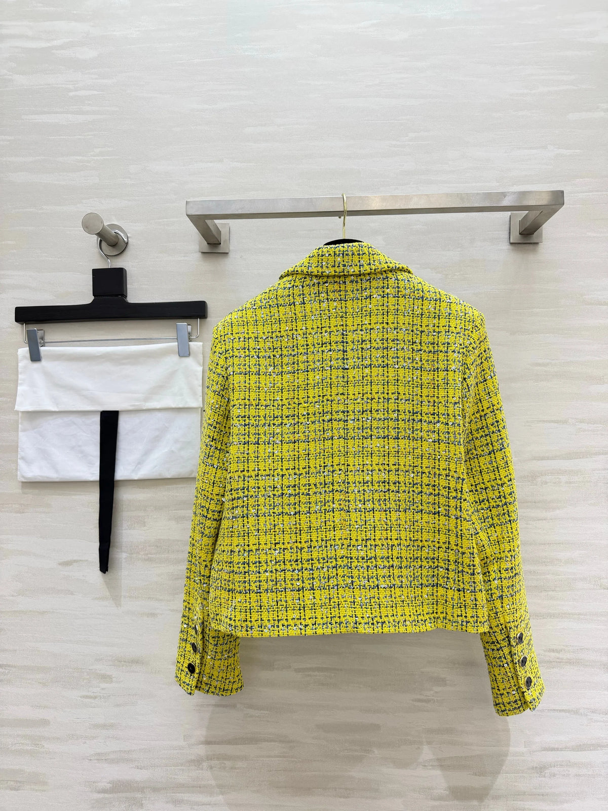 2026 Women Two Piece Tweed Matching Outfit Silver Yarn Blended Fabric Long Sleeve Jacket A‑Line Midi Skirt