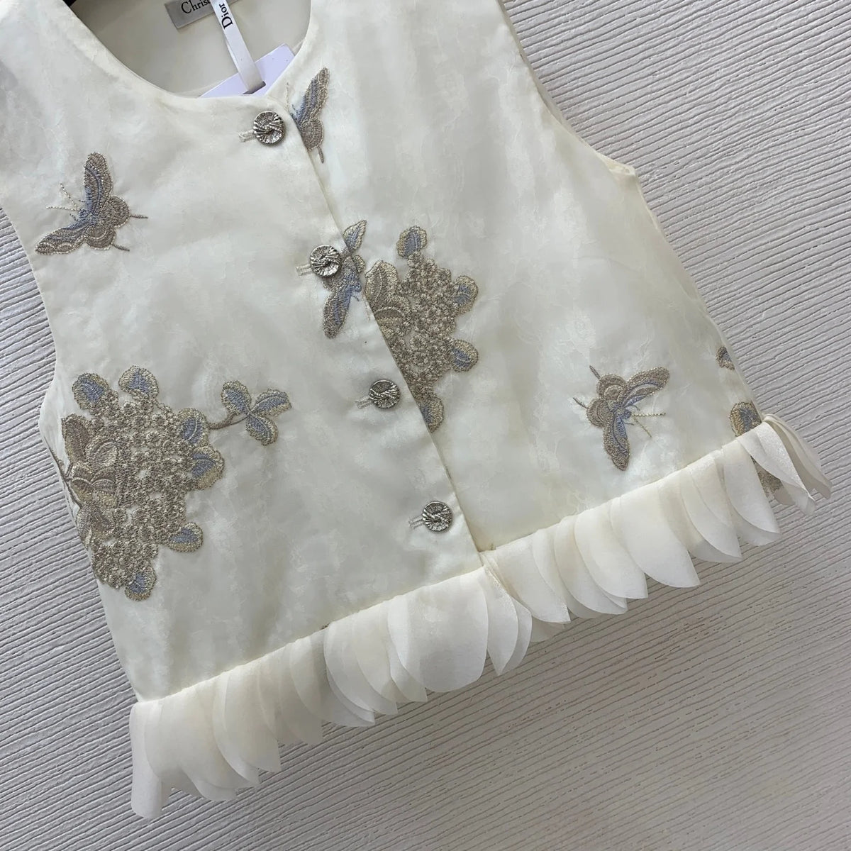 2026 Women Two Piece Set Sleeveless Vest Midi Skirt Butterfly Floral Embroidery Metal Buttons Chiffon Trim Lace Bottoms