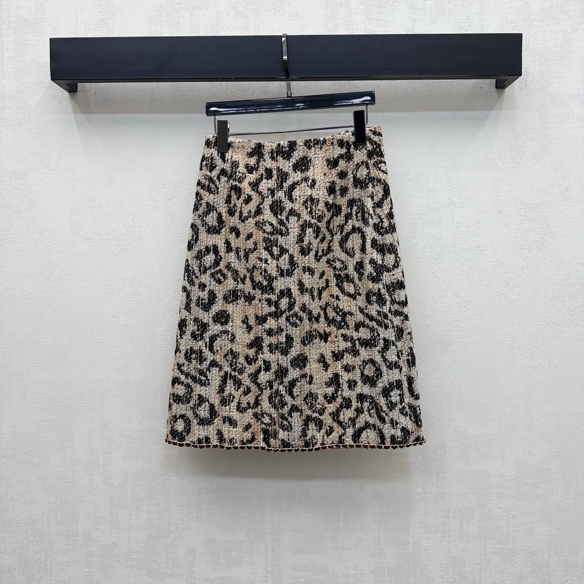 2026 Women Tweed Two Piece Set Leopard Wool Blend Trim Jacket High Waist A‑Line Midi Skirt Carved Buttons