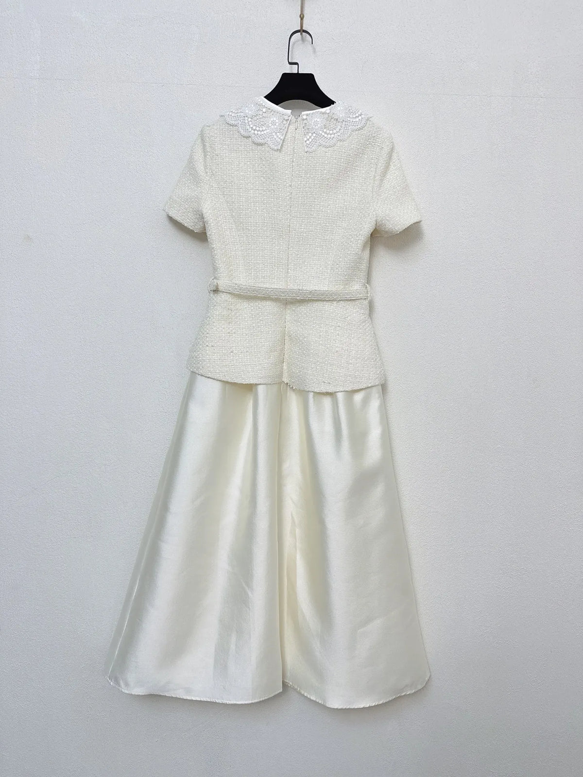 2026 Women Dress Short Sleeve Layered Midi Dress Lace Collar Tweed Bodice Flared Satin Skirt With Matching Waist Belt
