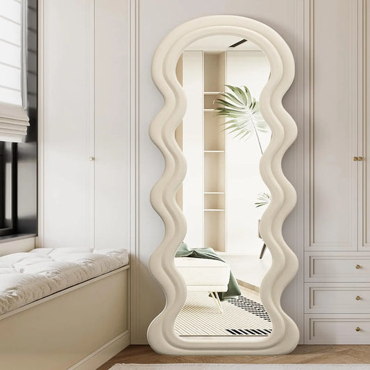 Full Length Mirror, 160*60cm Floor Mirror, Irregular Wavy Mirror, Full Length Wall Mirror, Standing Flannel Wrapped Wooden