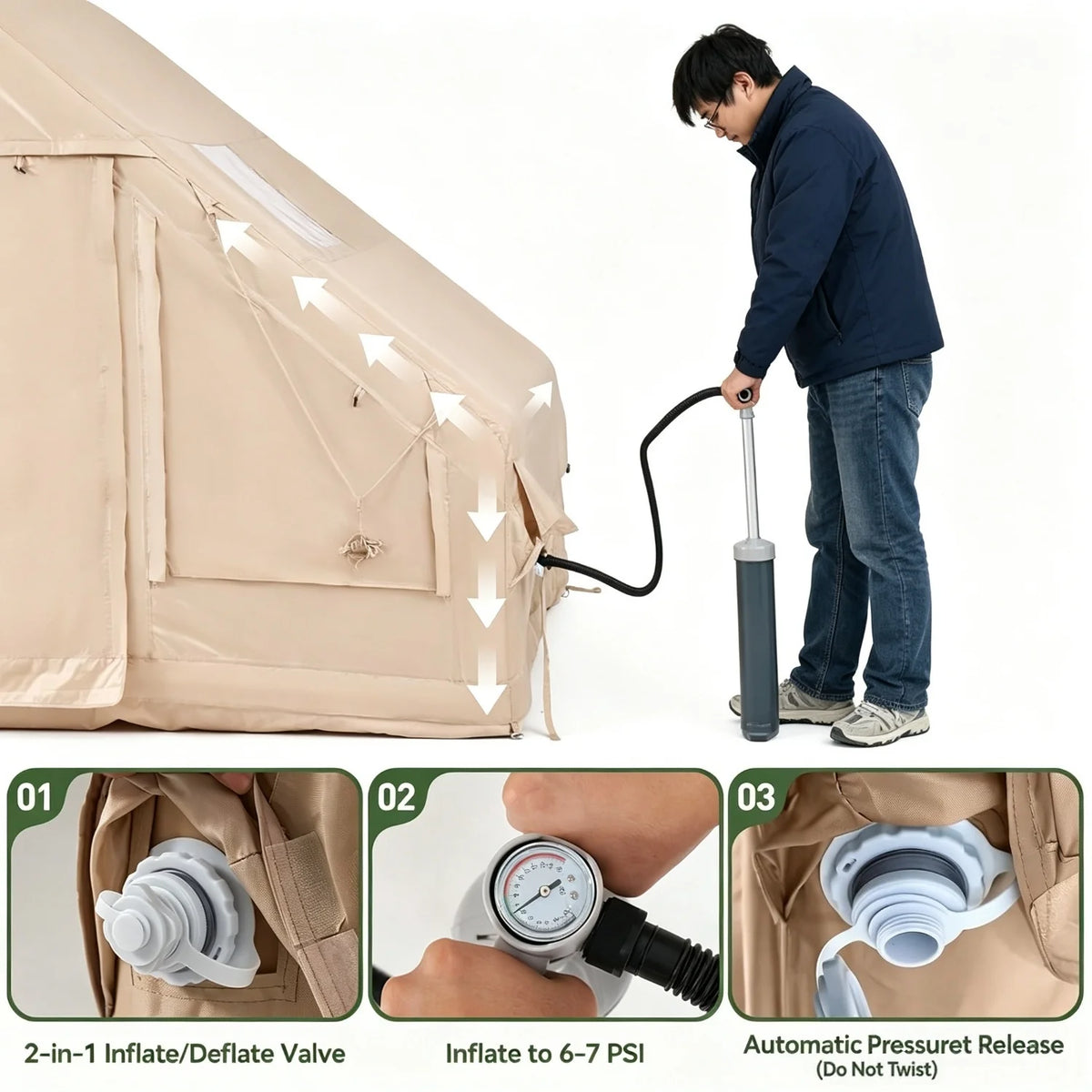 4/6/8 Person Inflatable Tent Blow Up Camping Tent With Skylight And Stove Jack Waterproof 420D Oxford Air Tent With Hand Pump Family Hot Tent Instant Setup