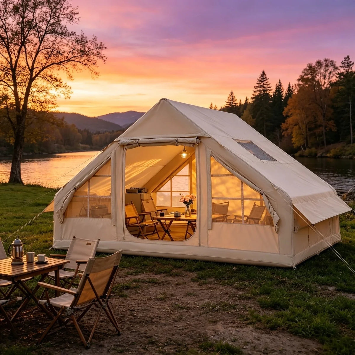4/6/8 Person Inflatable Tent Blow Up Camping Tent With Skylight And Stove Jack Waterproof 420D Oxford Air Tent With Hand Pump Family Hot Tent Instant Setup