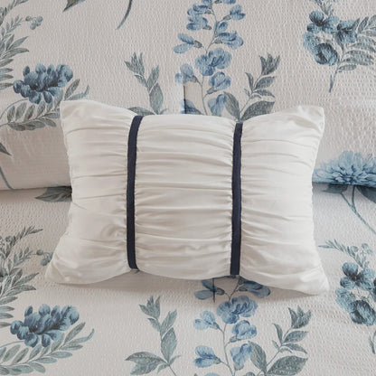 7 Piece Printed Seersucker Comforter Set with Throw Blanket Blue Full/Queen (Blue + Microfiber + Full)'