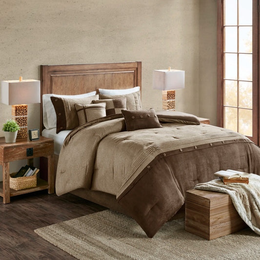 7 Piece Faux Suede Comforter Set Brown Queen (Brown + Polyester + Queen)"
