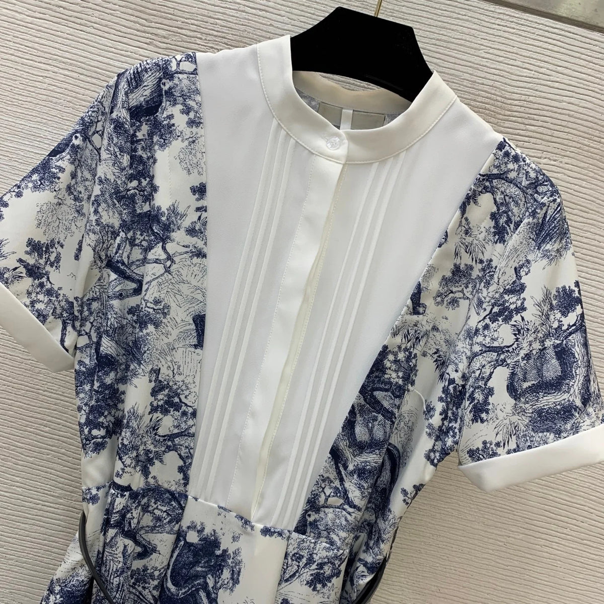 2026 Women Dress Stand Collar Short Sleeve Midi Dress, Vintage Blue Nature Print With Pleated Bust & Slim Belted Flared Hem