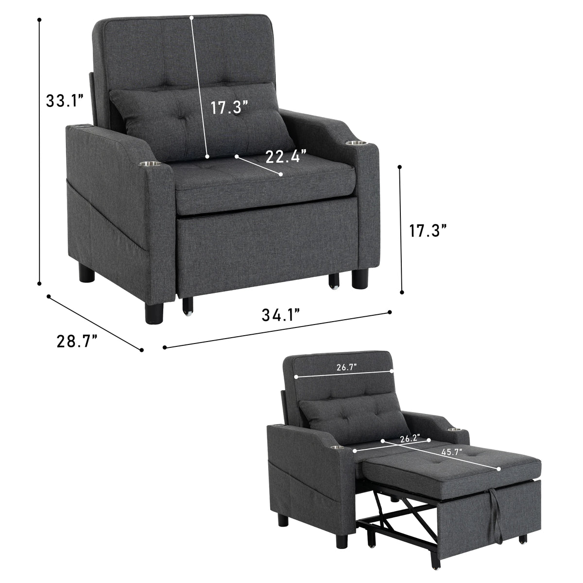 Dark grey 5‑Position Adjustable Single Recliner Chair, Pull‑Out Convertible Sleeper Sofa Bed with Cup Holder USB Charging Side Pocket for Living Room Reading Gaming
