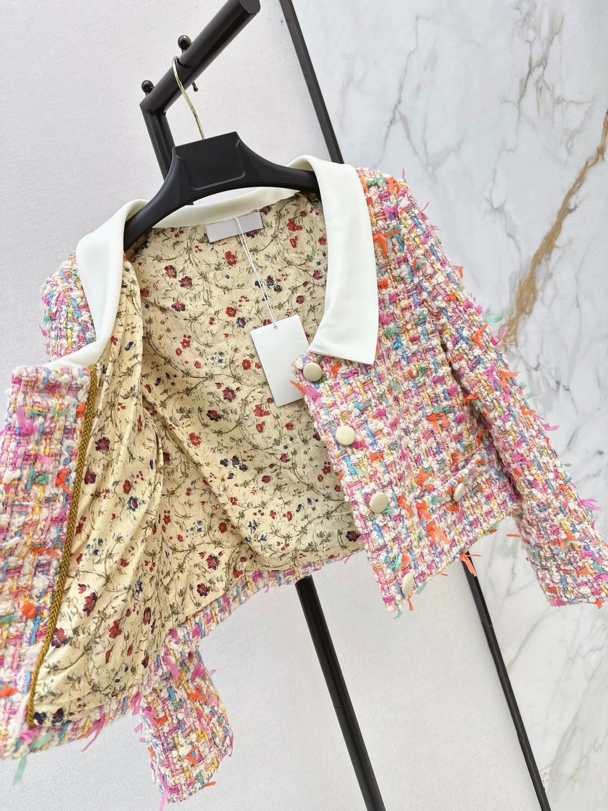 2026 Women Tweed Two Piece Set Contrast Doll Collar Wool Blend Fabric Multi Yarn Woven Cropped Jacket A Line Skirt Outfit