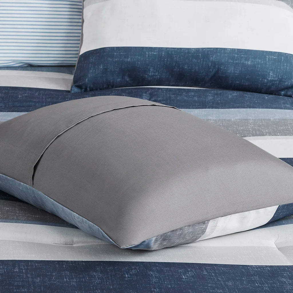 Stripe Comforter Set with Bed Sheets Blue/Grey Queen (Blue+Grey + Polyester)