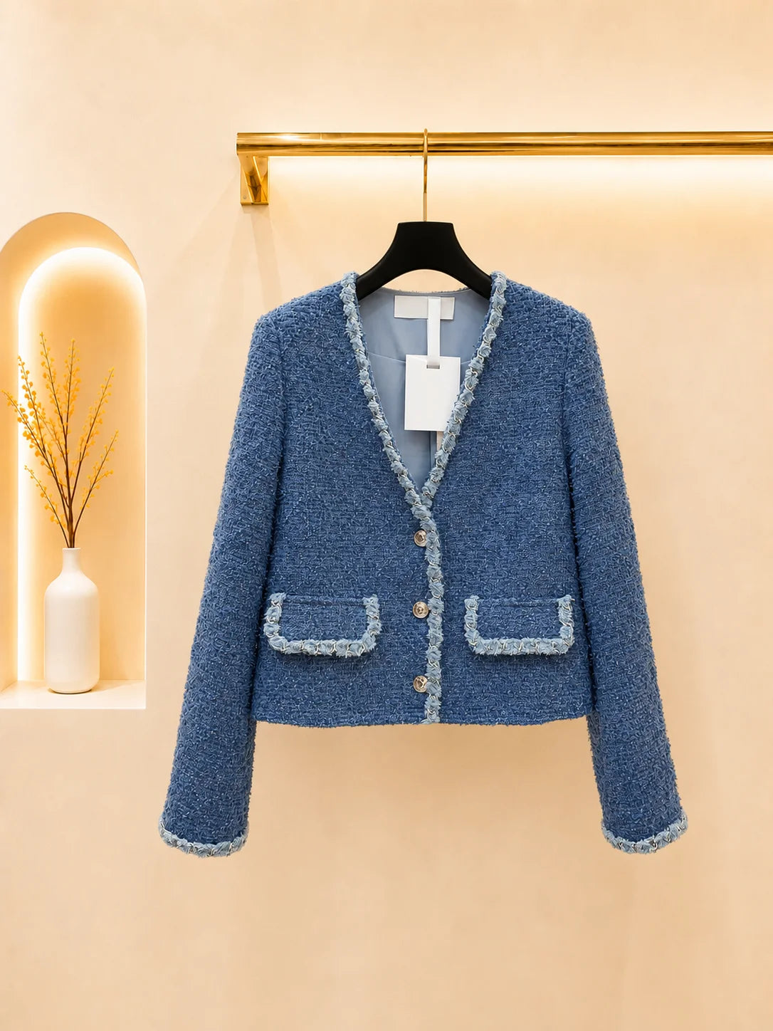 2026 Women Tweed Jacket Metal Chain Woven Trim Heart Button Deep V Neck Long Sleeve Cropped Blazer