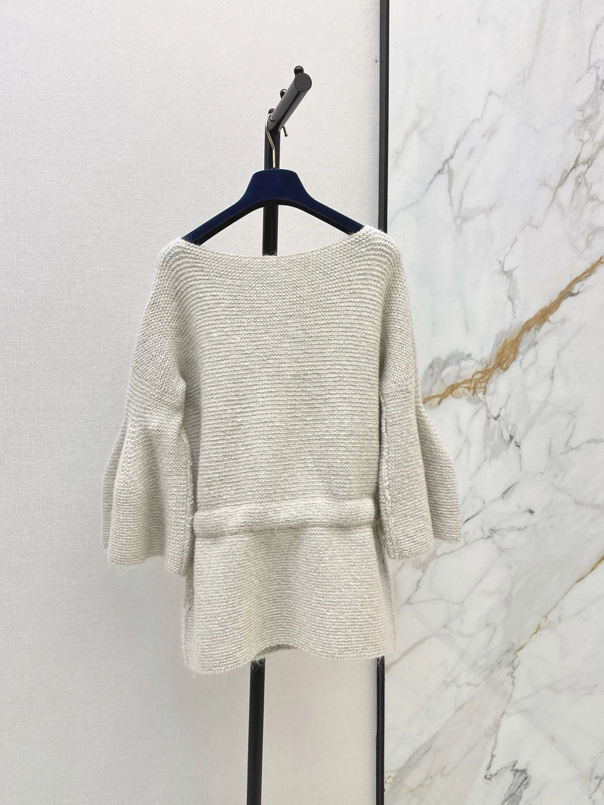 2026 Women Tunic Sweater Boat Neck Batwing Flare Sleeve Leather Drawstring Bow Waist Thick Wool Blend Loose Top