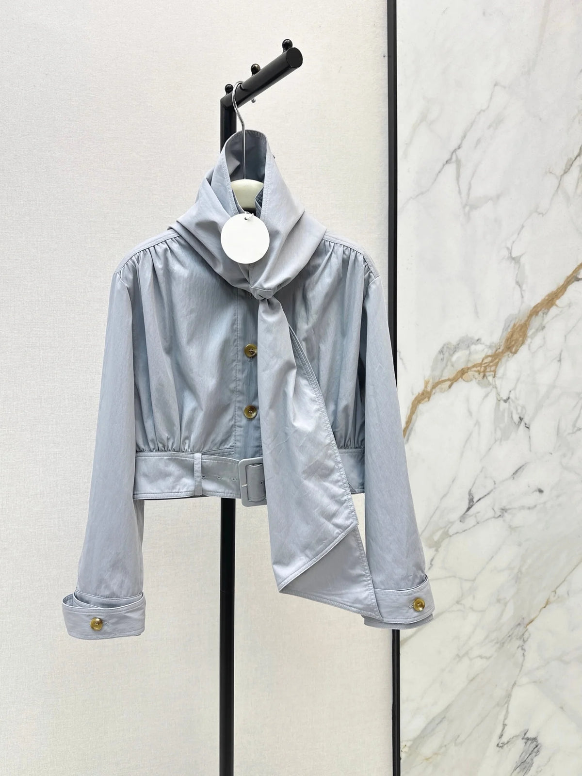 2026 Women Jacket Cropped Stand Collar Outerwear Doll Silhouette Sash Detail Custom Dyed Blue Plain Fabric