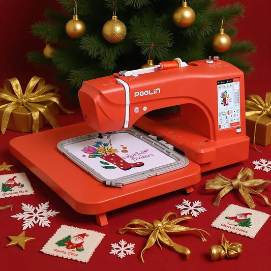 PooLin EOC06RE Home Embroidery Machine,7" Touchscreen,7.9"x11" Large Hoop Area,Computerized Embroidery Machine with Beginners