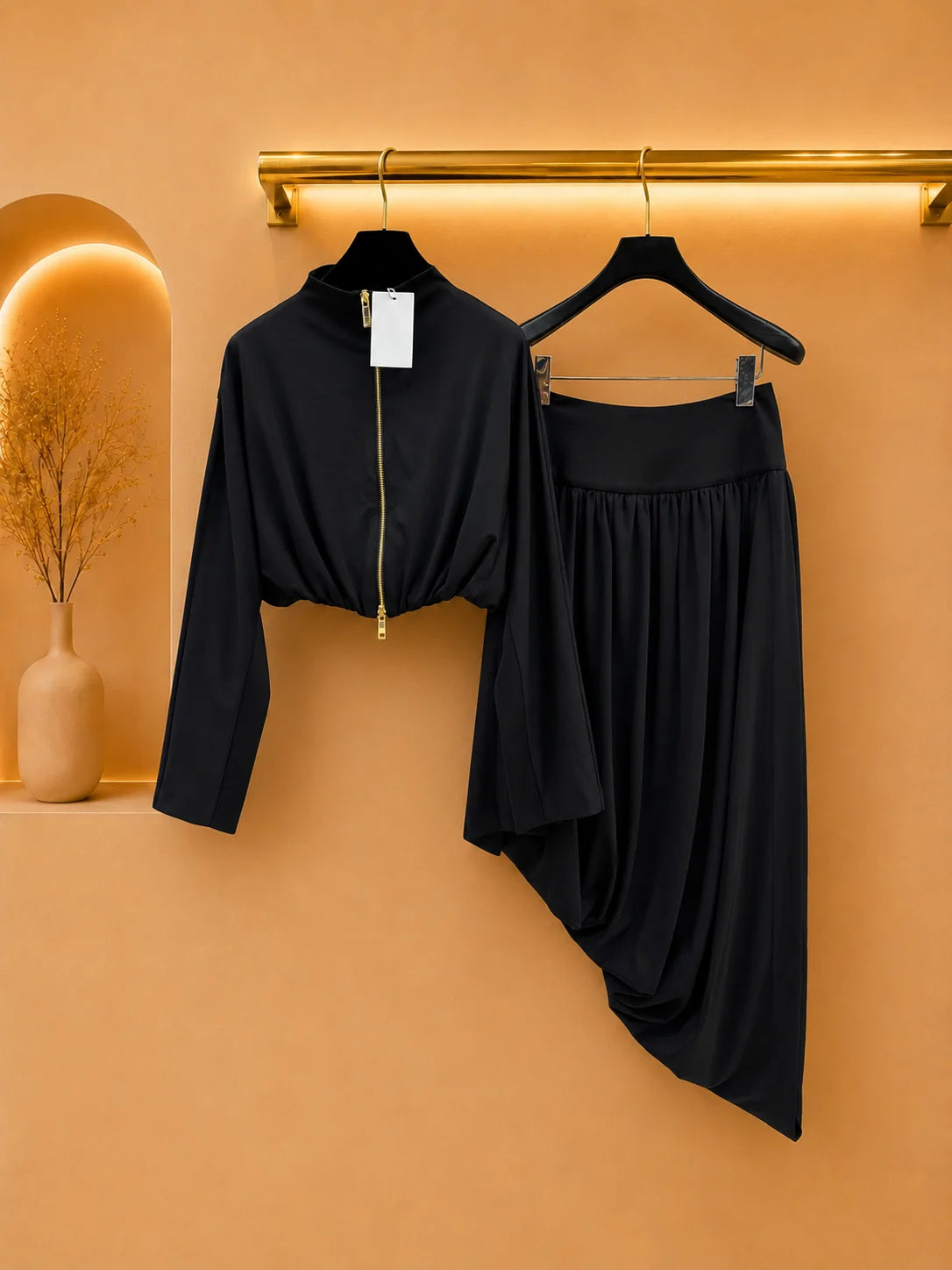 2026 Women Two Piece Set Stand Collar Full Zip Cropped Top Draped Asymmetric Midi Skirt Coordinate
